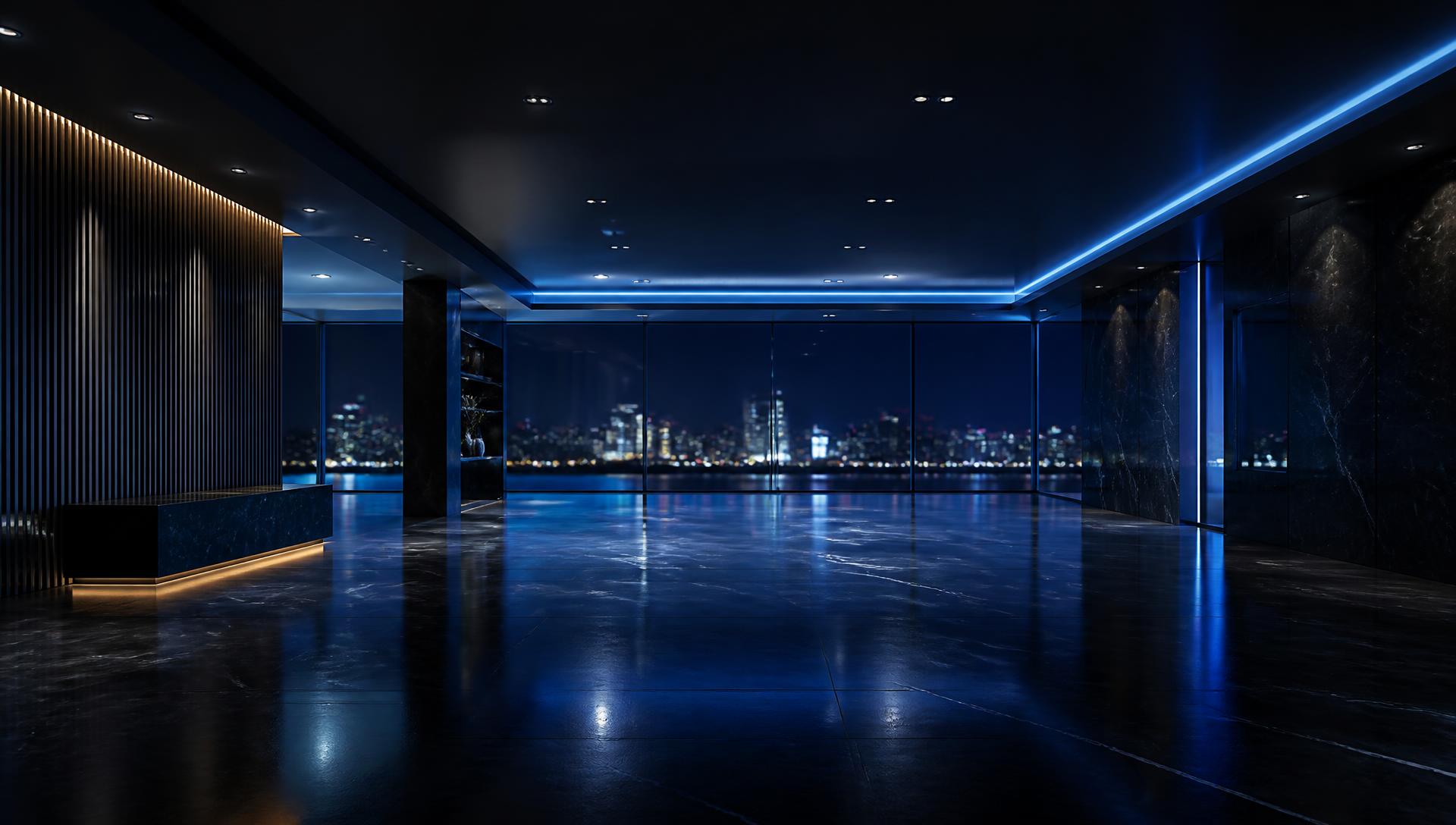 Premium Tata showroom at night with ambient blue lighting